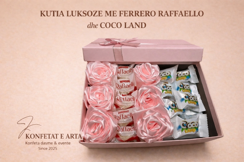 Kuti Trendafili Saten e Personalizuar me Lule dhe Çokollata, Dhuratë Luksoze nga KONFETAT E ARTA, konfeta me kuti druri elegante, kartoline me prerje artistike, kuti per dhurate martese, konfeta me fjongo sateni, set me cokollate simbolike